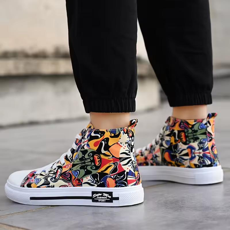 Street Style Canvas Sneakers with Graffiti Print