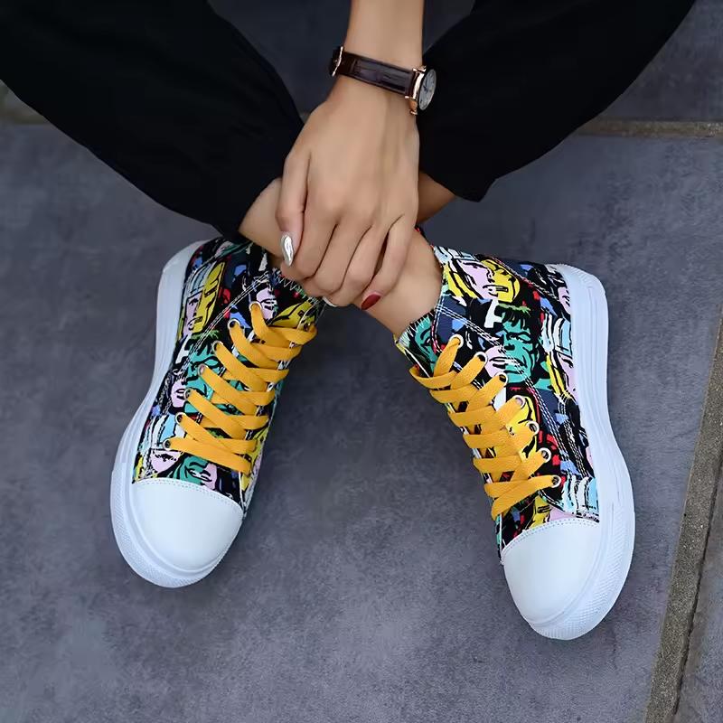 Street Style Canvas Sneakers with Graffiti Print